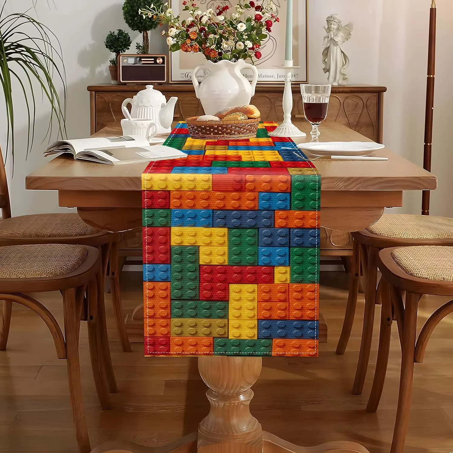 1 Piece of Lego-Themed Table Runner,  Suitable for Decorating Children's Rooms and Parent-Child Activity Spaces