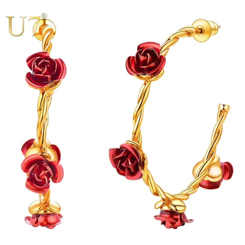 U7 Multiple Red Roses Flower Circle Hoop Earrings For Women Push Back Romantic Bridal Wedding Jewelry