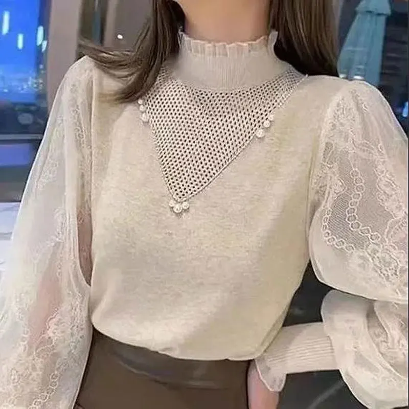 Elegant Solid Color Long Sleeve Beading Blouse Female Clothing Gauze Lace Stylish Spring Autumn Spliced Half High Collar Shirt