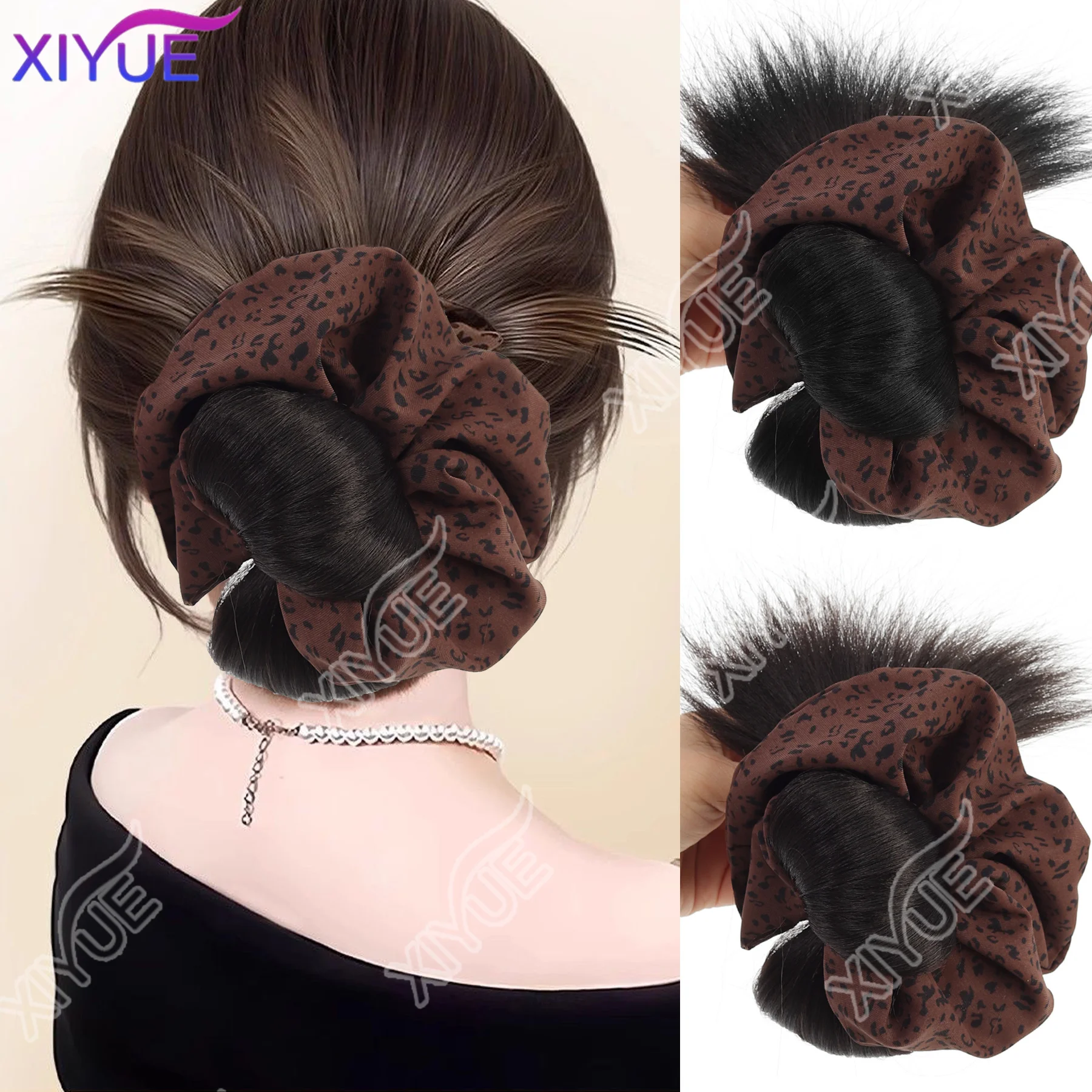 

XIYUE Синтетический зажим для парика женский с завязкой из куриного пера сумка для парика пушистая задняя часть головы бутон парик кольцо захват с леопардовым принтом