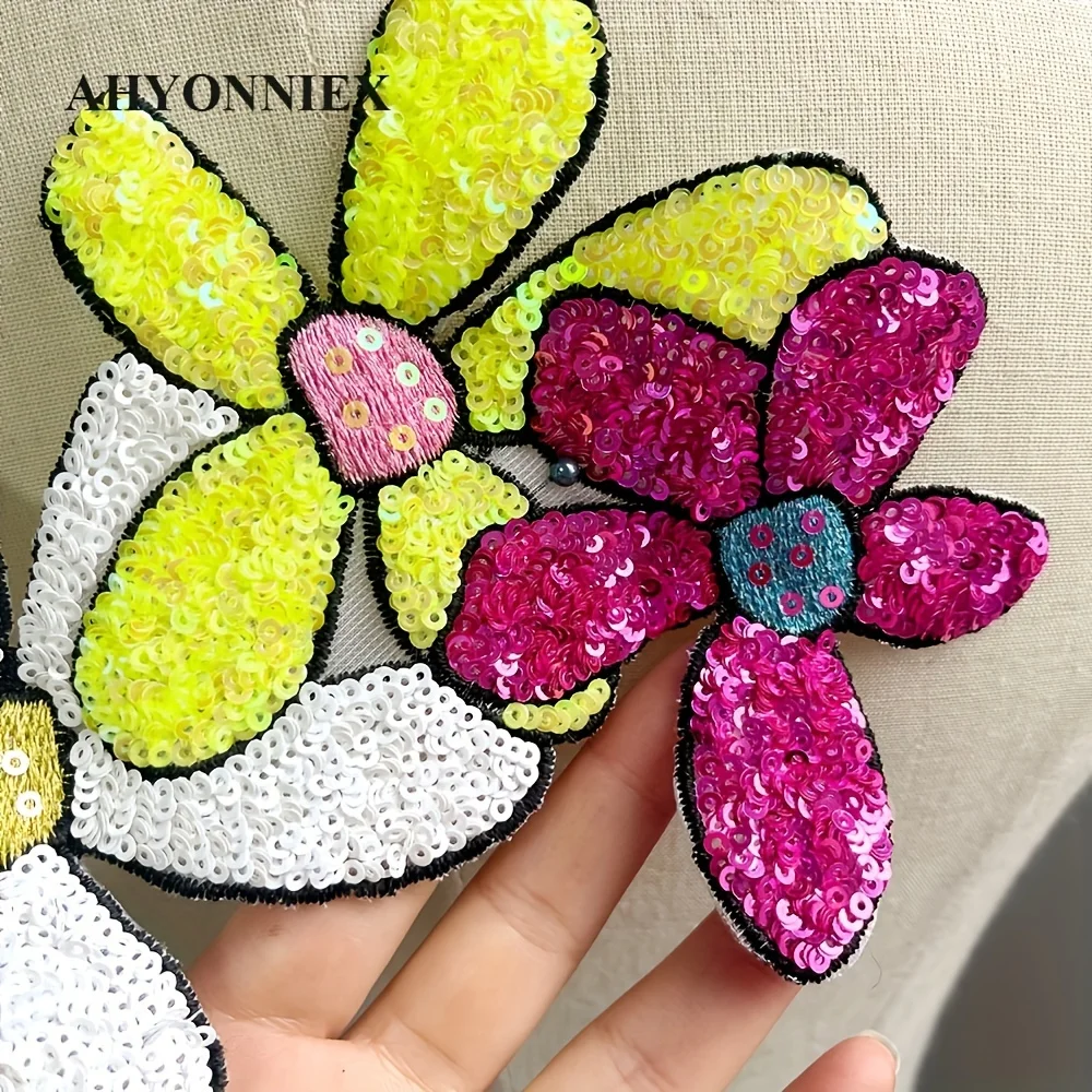 1-teilige Pailletten-Blumen-Mode-Dekoration, Aufnäher für Tasche, Jacke, Jeans, zum Aufbügeln, für Kleidung, niedlicher Kleber, glänzender Aufkleber