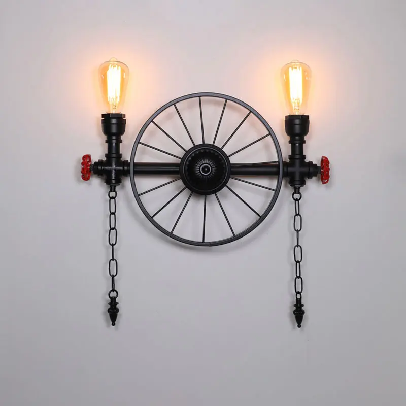 Retro 2 Headed Water Pipe Wheel Wall Lamp American style Living Room Restaurant Bar Aisle Balcony Industrial Wind Wall Sconce