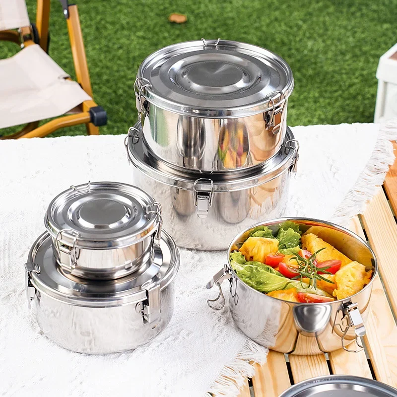 304 Stainless Steel Round Lunch Box Large Capacity Bento Box Sealed Leak-proof Camping Picnic Food Container Fresh-keeping Box