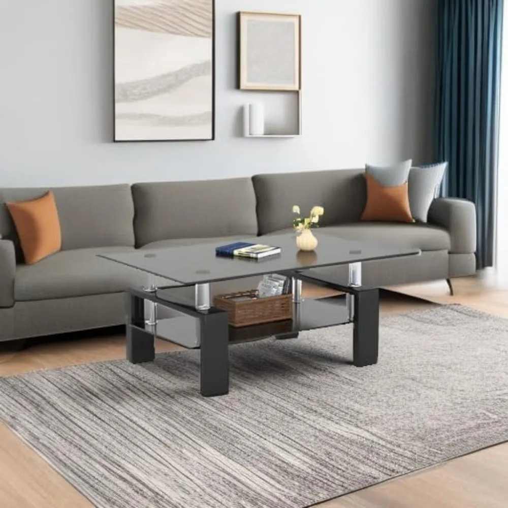 Modern 2-Tier Glass Coffee Table with Rectangular Design for Living Room - Sleek Black Side Table