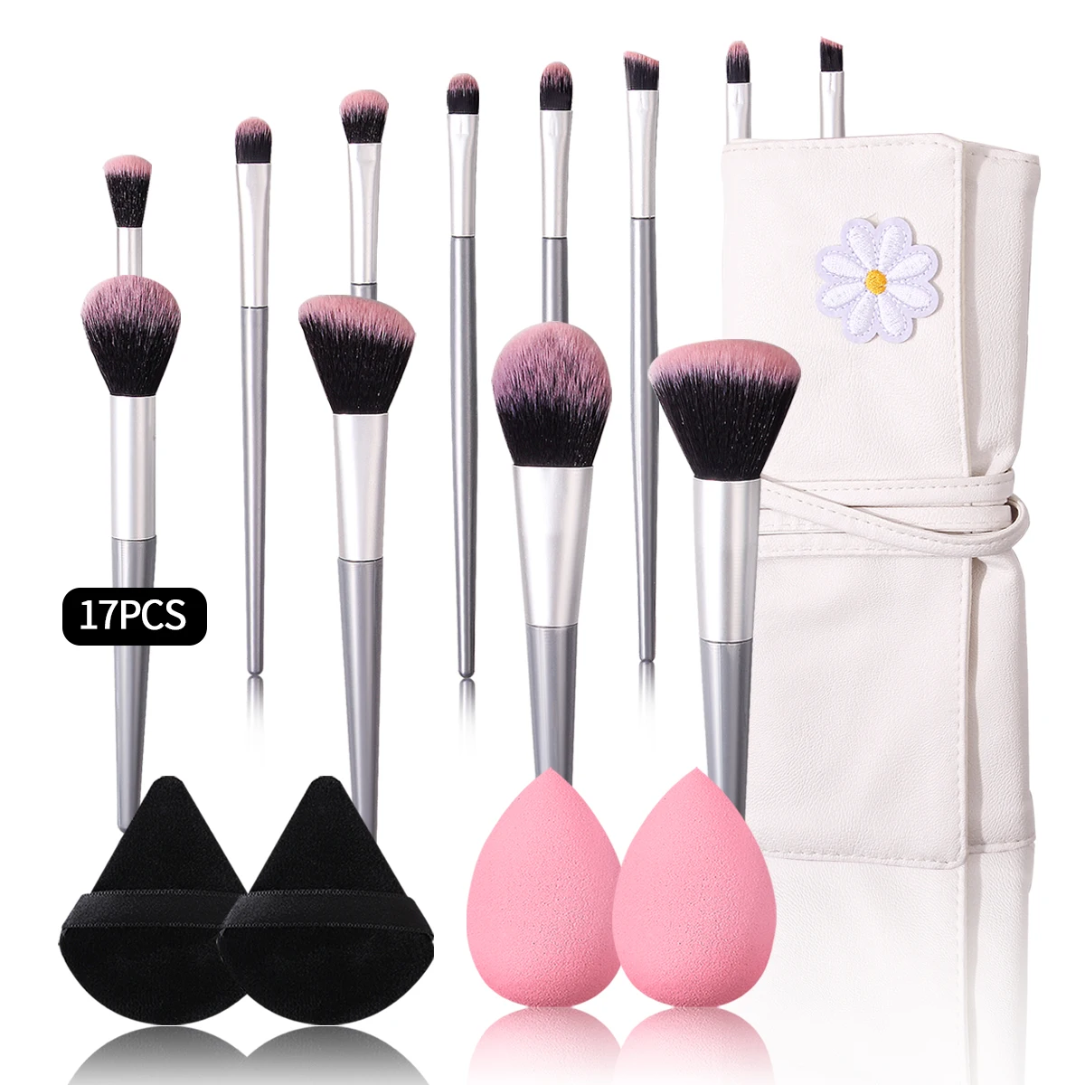 17PCS set 12pcs beginner makeup brush set +2pcs non-powder beauty egg +2pcs triangle powder puff +1pcs makeup brush strap bag