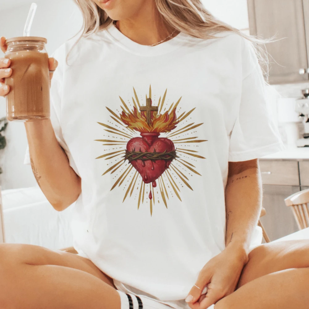 Vintage Sacred Heart Cross Flames Crown Of Thorns T-Shirt Catholic Jesus Gold Rays Red Heart Crew Neck Cotton Tees Worship Tops