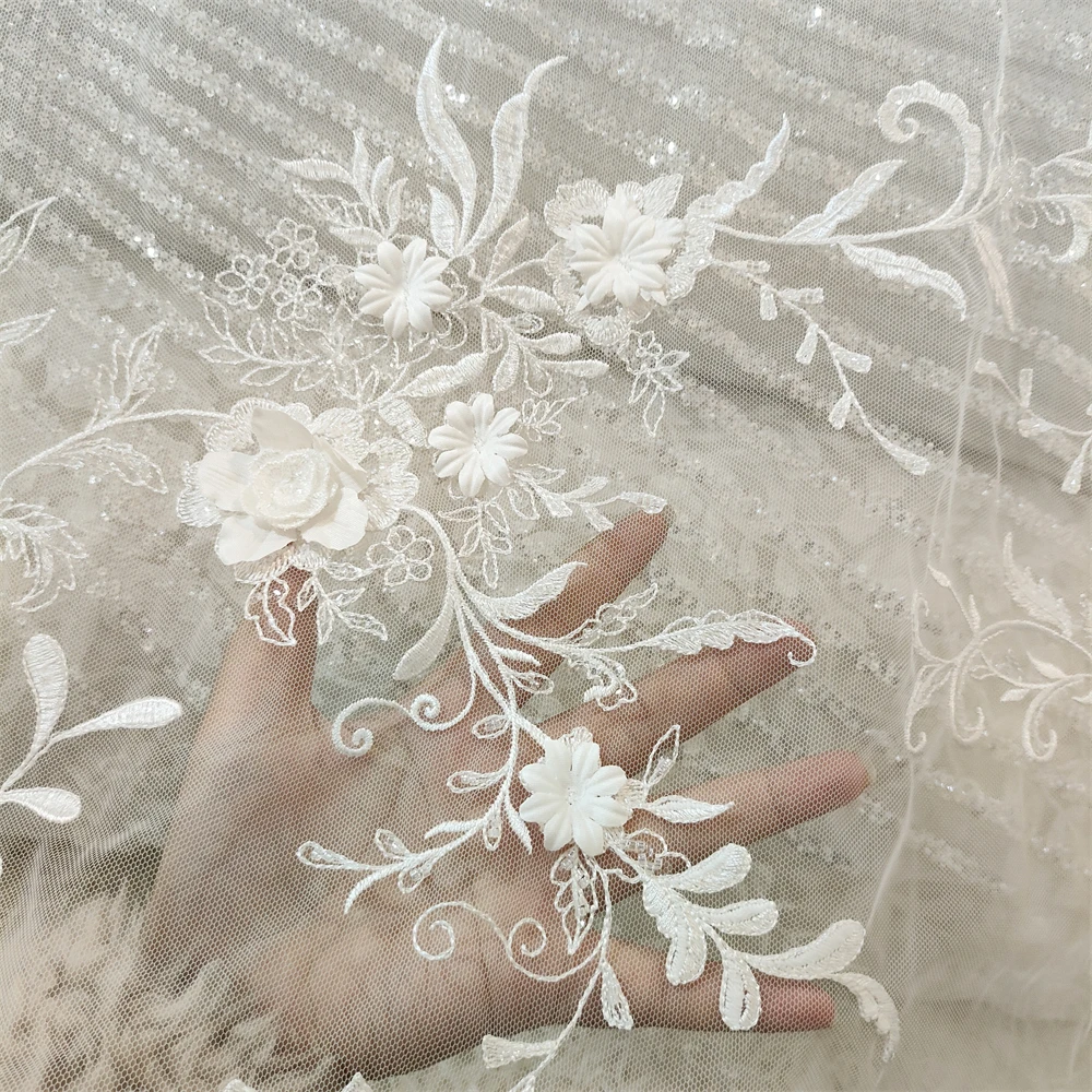 1Yard 3d flower Fabric 3d wedding  Off white fabric 2024 New Tulle Mesh Fabric Flower embroidered lace fabric Sewing Fabric