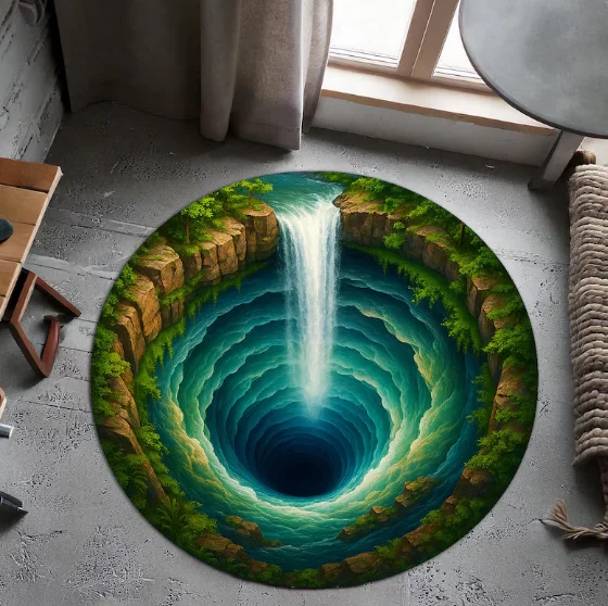 3D Waterfall Illusion Round Rug, Optical Depth Cave Carpet, Nature Inspired Floor Decor for Living Room Bedroom Meditation Mats