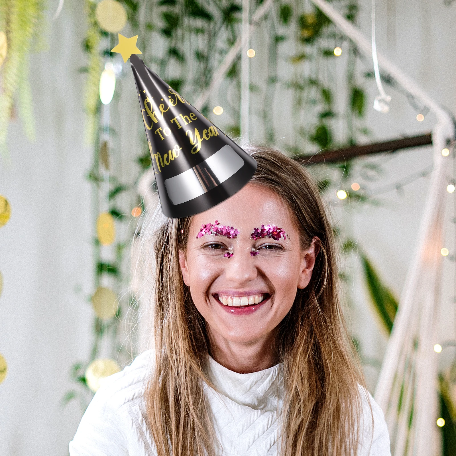 

12pcs New Year Paper Hats Black Gold Theme Party Supplies 2024 New Year Eve Decorations Paper Cone Hats for Adults Kids