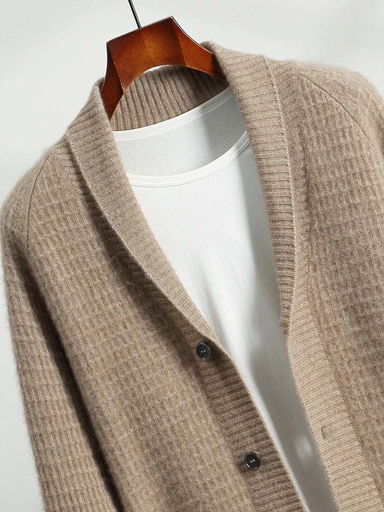 Men's Turn-down Collar Cardigan Cashmere Sweater Thicken Jacquard Autumn Winter Smart Casual Raglan Sleeve 100% Cashmere Knitted