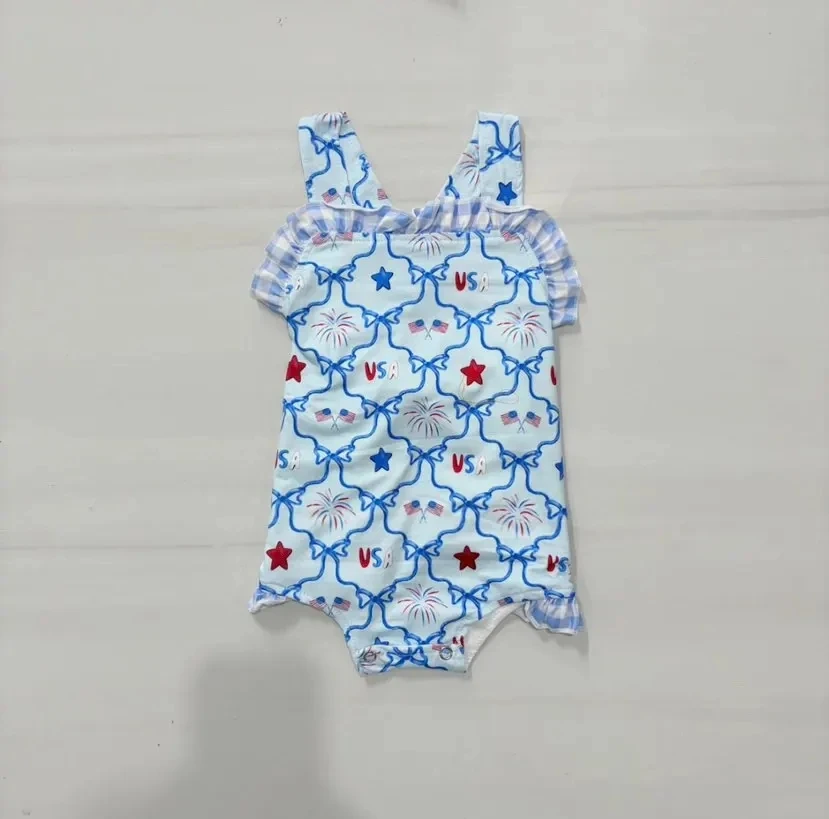 July 4th Independence Day Series Girls Suspender Bodysuit Sleeveless Dress Three-piece Set Blue Bowknot Print