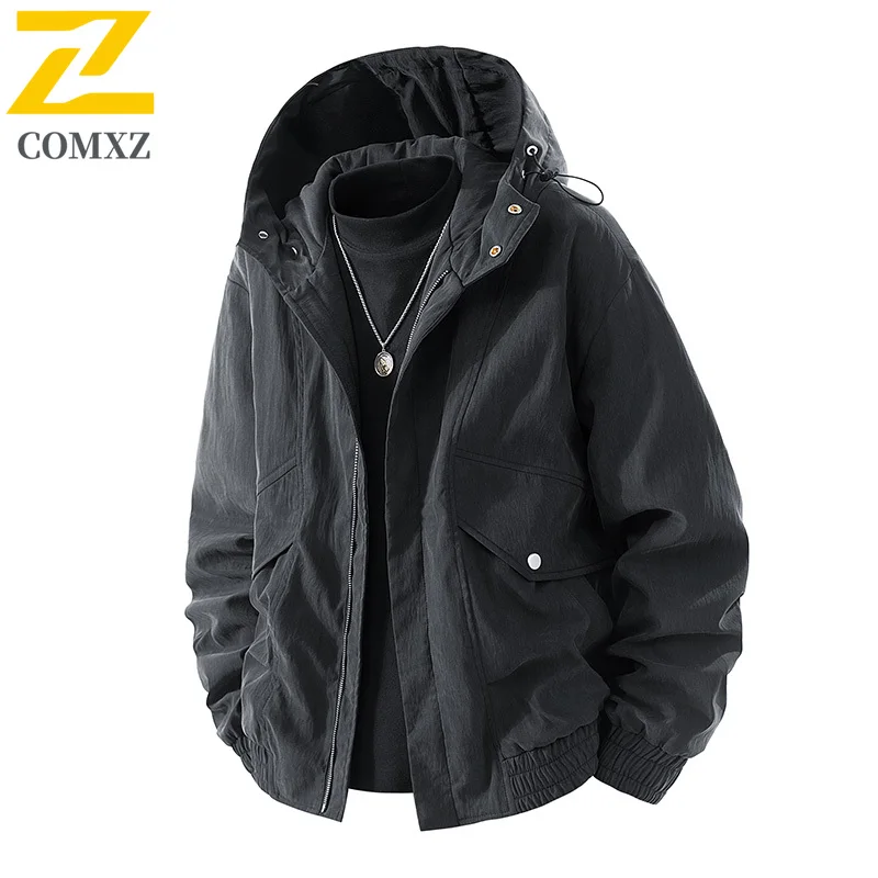 

COMXZ Hooded Jacket 2025 Outdoor Sports Windproof Comfortable Breathable American Workwear Coat Casual Loose Zipper Windbreaker