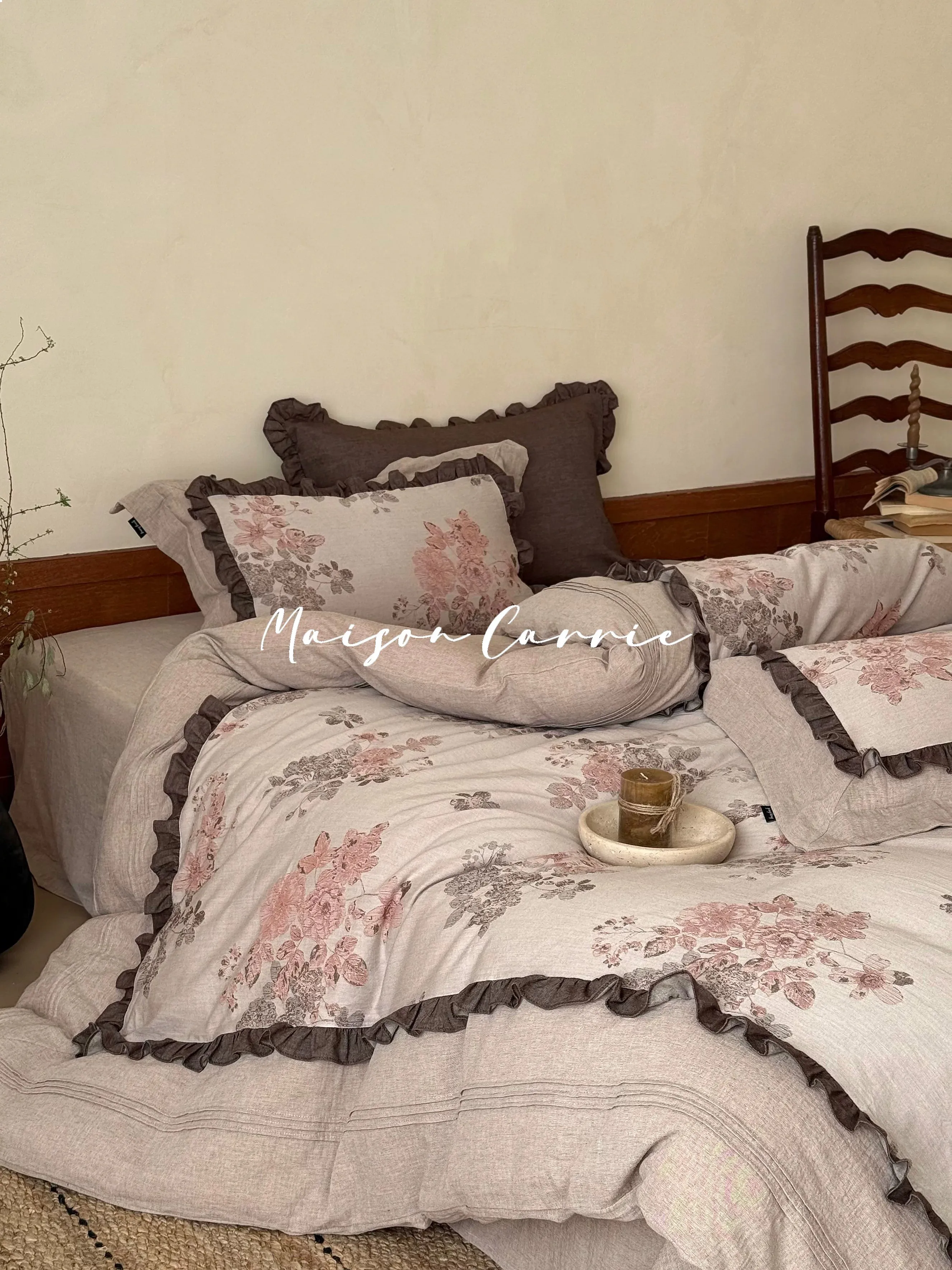 Jiali Home French Floral Cotton Linen Blend Double-Layer Bedding Set Vintage Lace Sheet