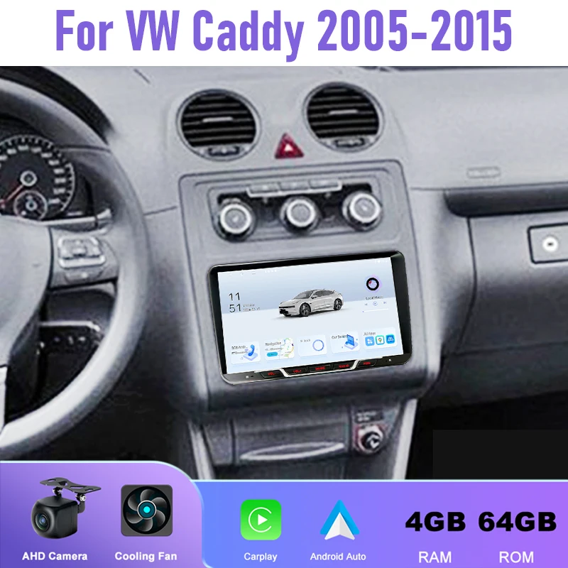 

9-дюймовая автомагнитола 4+64 ГБ для VW Caddy 2005-2015, Android 15, поддержка беспроводного Apple CarPlay, 2DIN, GPS-навигация, управление с руля