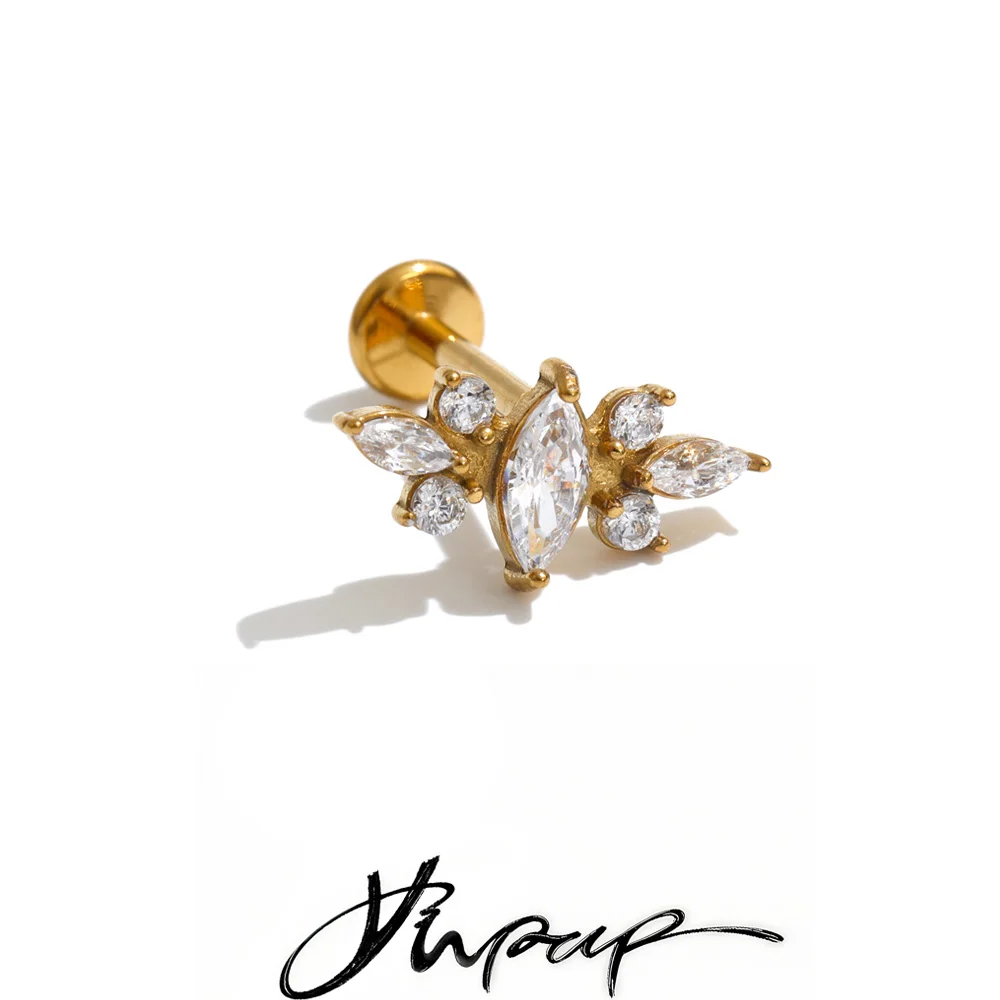 Yhpup 1 Stück 316 Edelstahl glänzende Zirkonia-Ohrringe mit flacher Rückseite, hochwertiger 18K PVD-beschichteter Knorpelpiercing-Schmuck