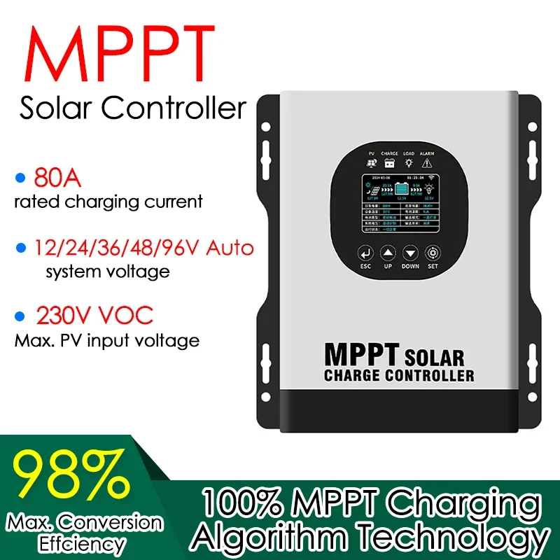 80A MPPT Solar Controller PV Regulator 12/24/36/48/96V Adaptive for Lifepo4 Lithium GEL Lead Acid LCD Display Solar Controllers