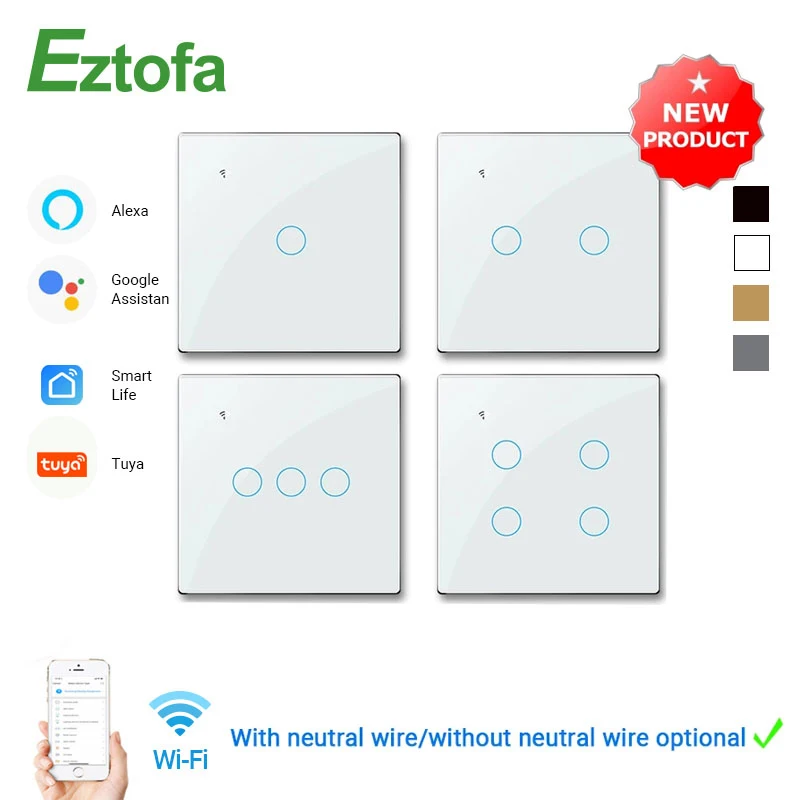 

WiFi Wall Touch Light Switch With/Without Neutral Wire Wireless Remote Control Tuya/Smart Life App Alexa Google Voice EU 2/3way