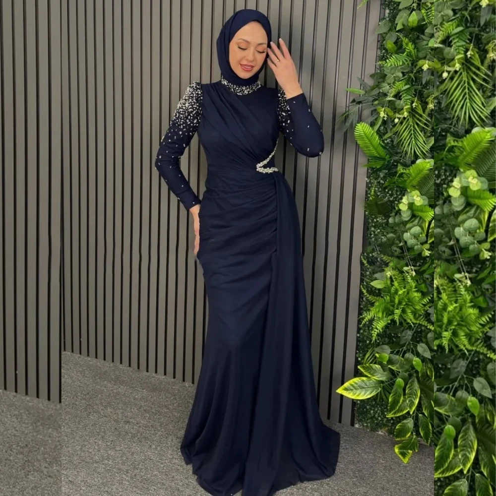 Suknie wieczorowe muzułmańskie z wysokim dekoltem, długim rękawem, syreni krój, tren sweep, suknie damskie z koralikami, plisowane sukienki na przyjęcie, studniówkę, szyte na miarę.