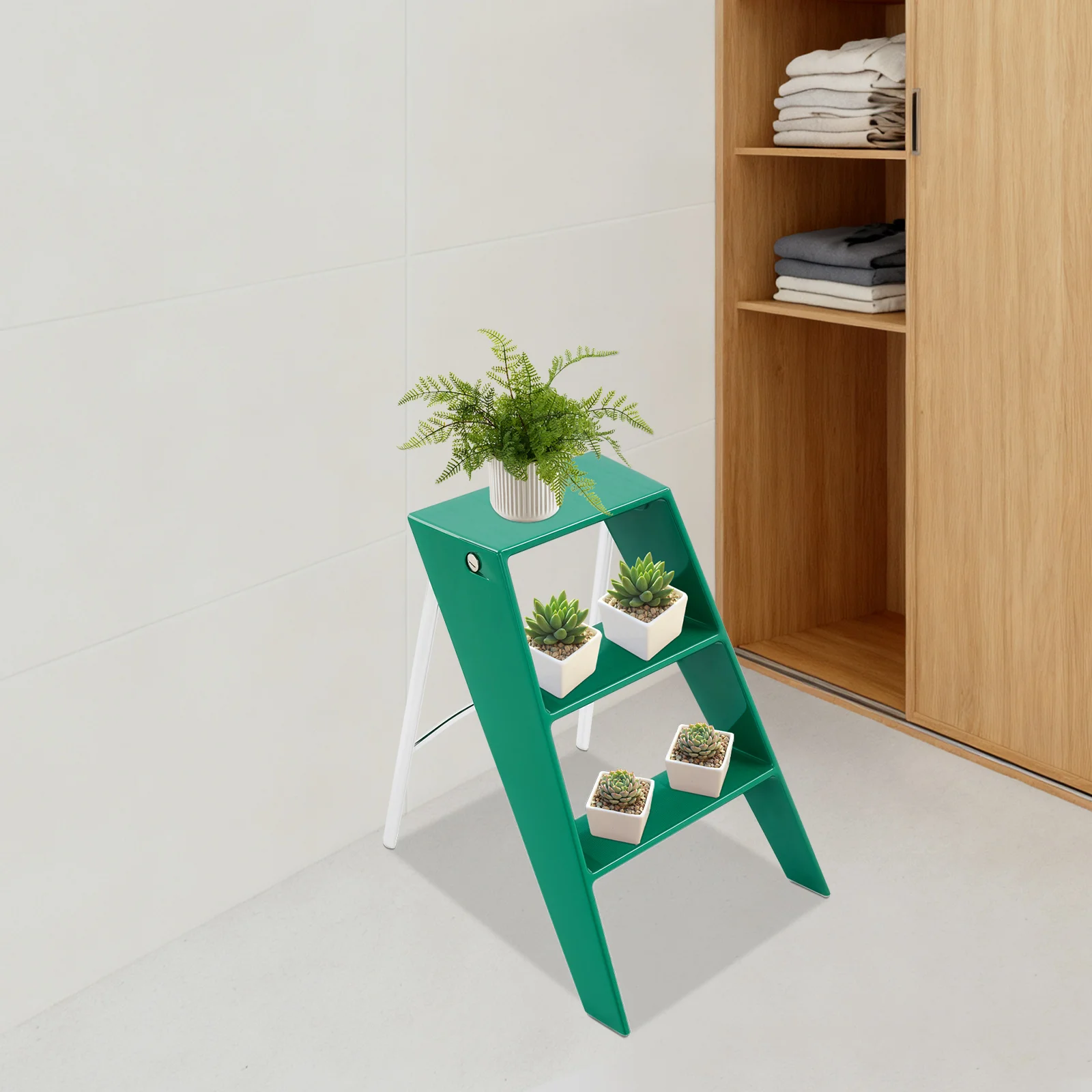 الأخضر PC الحديد 44*58*61 سنتيمتر ثلاث خطوات متعرجة سلم البراز للطي متعددة الوظائف تخزين الرف الرف سلم