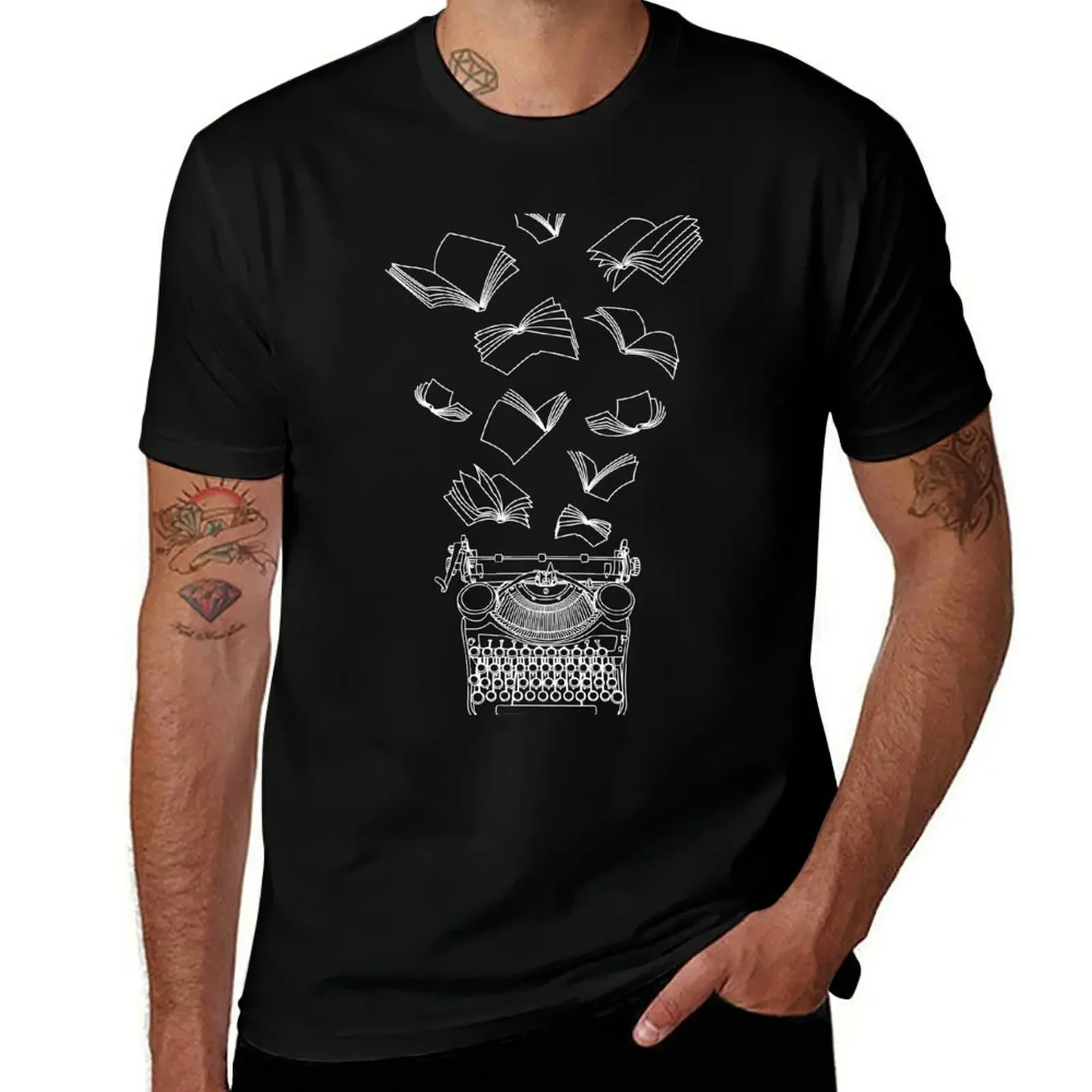 Author Writer Typewriter Flying Books T-Shirt oversizeds blacks luxury clothing labubu plus size tops funny t shirts for men