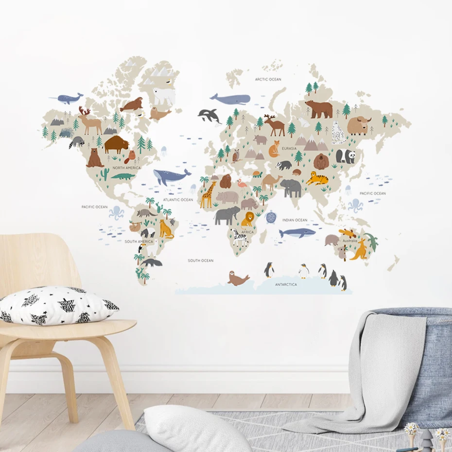 Large World Map Wall Stickers Cartoon Animals Wildlife Watercolor Kids Vinyl Nursery Art Decals for Babys Girls Room Home Decor
