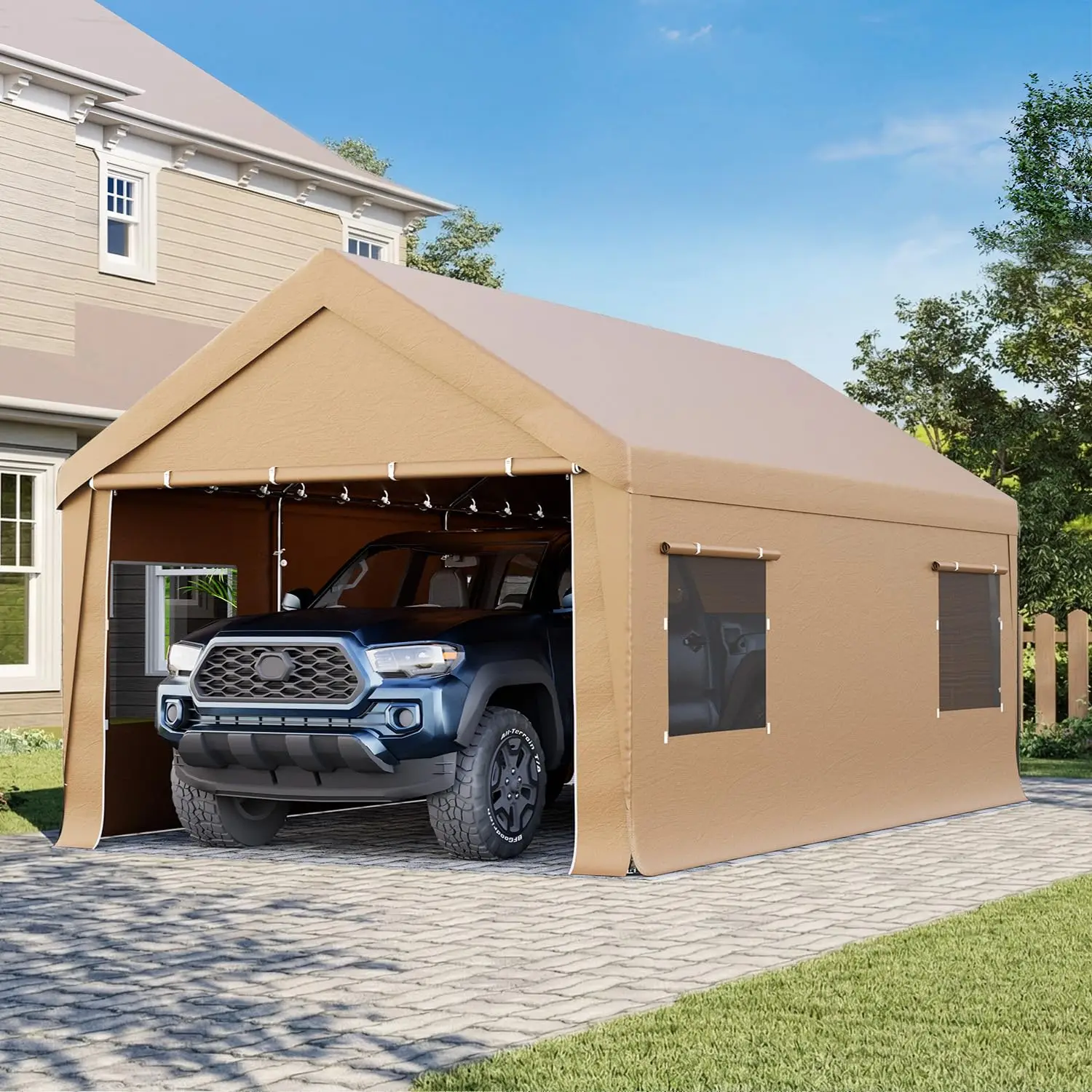 Car Port with All-Season Tarp for Cars, Portable Garage Tent with Roll-Up Windows & Doors, Trucks, Boats