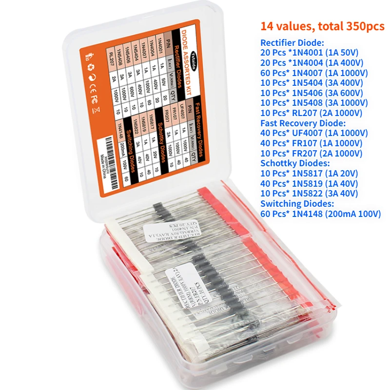 350-teiliges Dioden-Sortiment, 14 Werte, Gleichrichter, Schottky-Schnellrücklaufschalter 1N4001 1N4007 1N4148 RL207 UF4007 FR107 Kit-Box