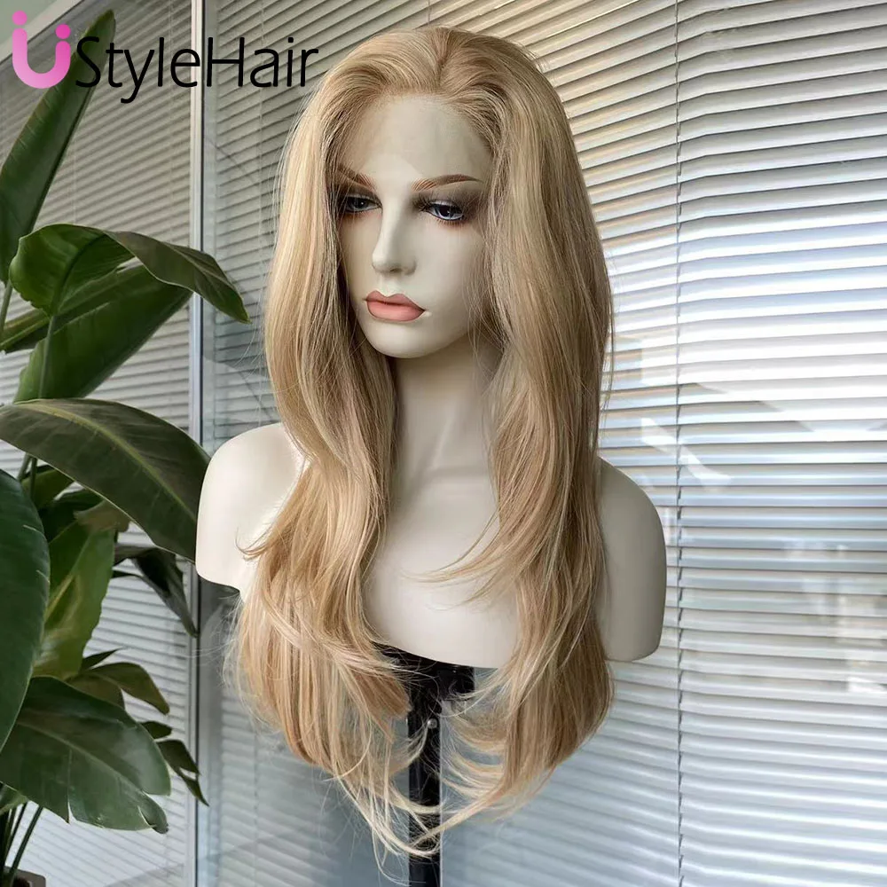 UStyleHair blond peruka długie naturalne fale peruki dla kobiet syntetyczna koronka peruka Front naturalną linią włosów codzienna koronkowa peruka