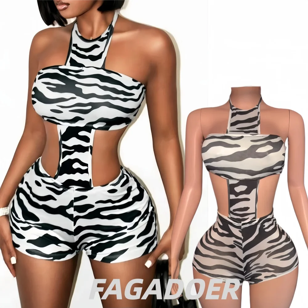 

FAGADOER Y2k Sexy Zebra Print Bodycon Rompers for Woman Halter Sleeveless Backless Jumpsuits Female Streetwear Overalls 2026 New