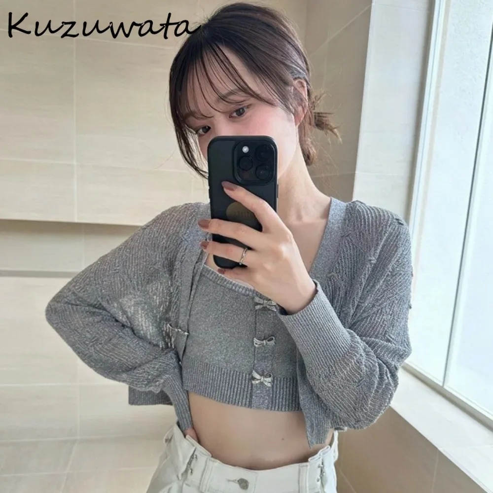 Kuzuwata New Sweet Knit All-match Vest Sling Sweet Temperament Bow Lace Up Fresh Tanks Japan Casual Patchwork Diamond Sexy Camis