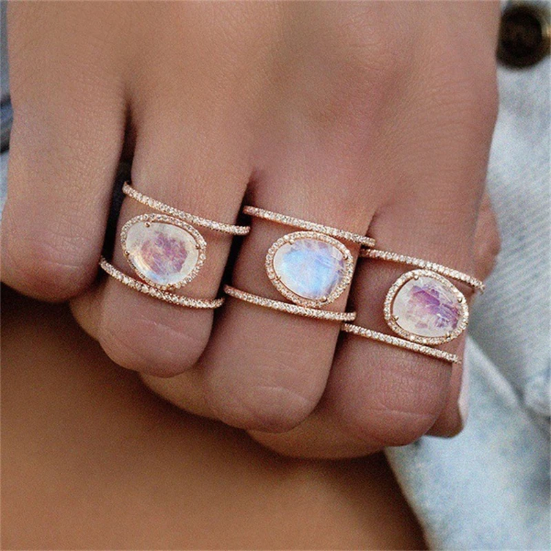 European and American Hot Moonstone Geometric Ring for Women 2024 New Stainless Steel Crystal Ring for Girls Jewelry Accessories