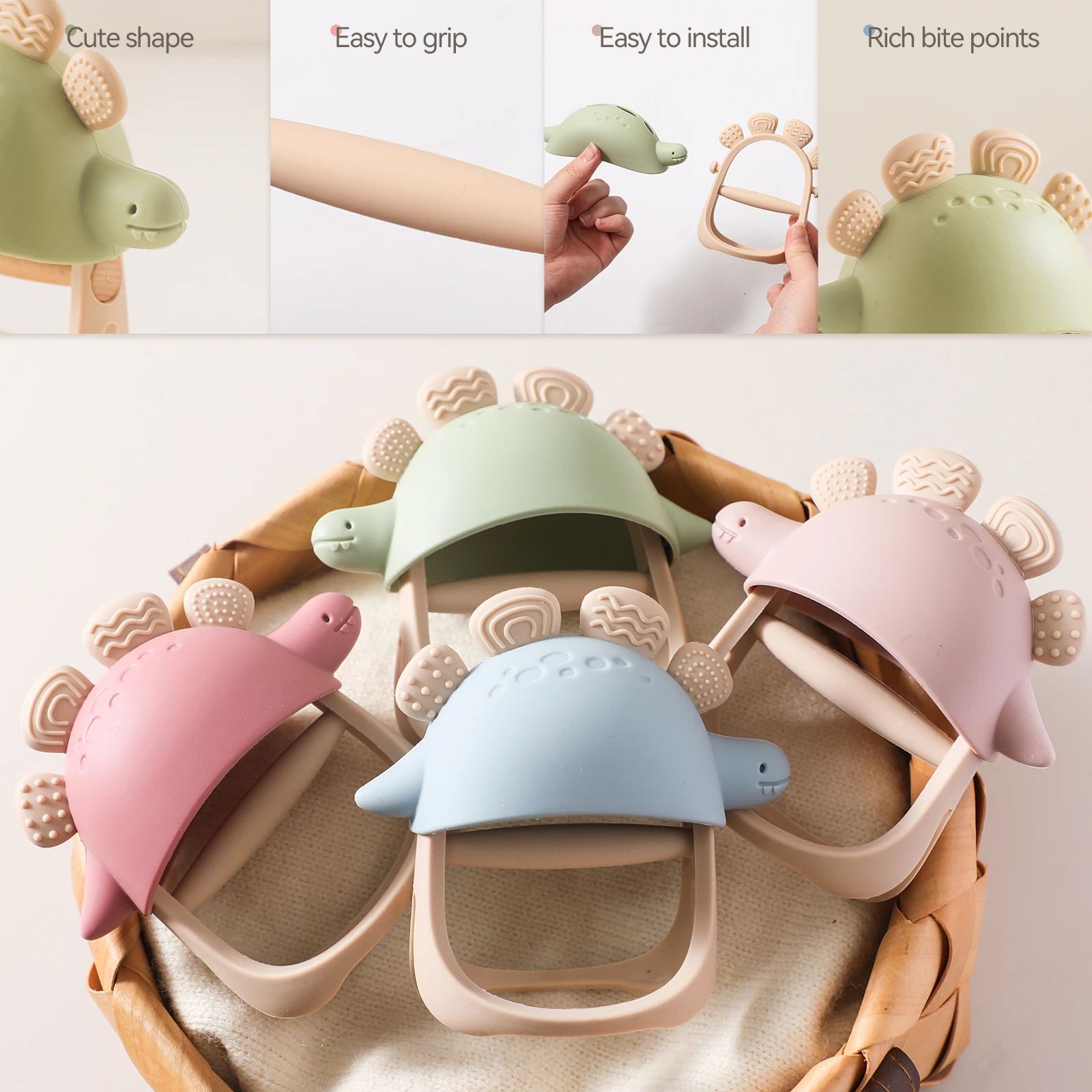 Baby Silicone Teether Rattle, Dumbbell Shape Infant Sensory Toy, Soft & Durable, Easy to Clean, Color & Shape Learning