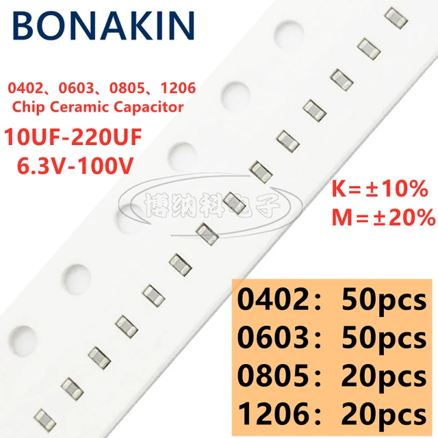 0402 0603 0805 1206 Chip Kondensator ceramiczny 10UF 22UF 47UF 100UF 220UF 6.3V 10V 16V 25V 35V 50V 63V 100V 10% 20% X7R X5R