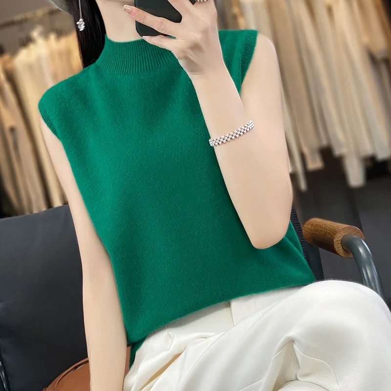 Женский свитер без рукавов из 100% чистой мериносовой шерсти, кашемировый вязаный пуловер с полувысоким воротником, однотонный высококачественный повседневный топ WQ811