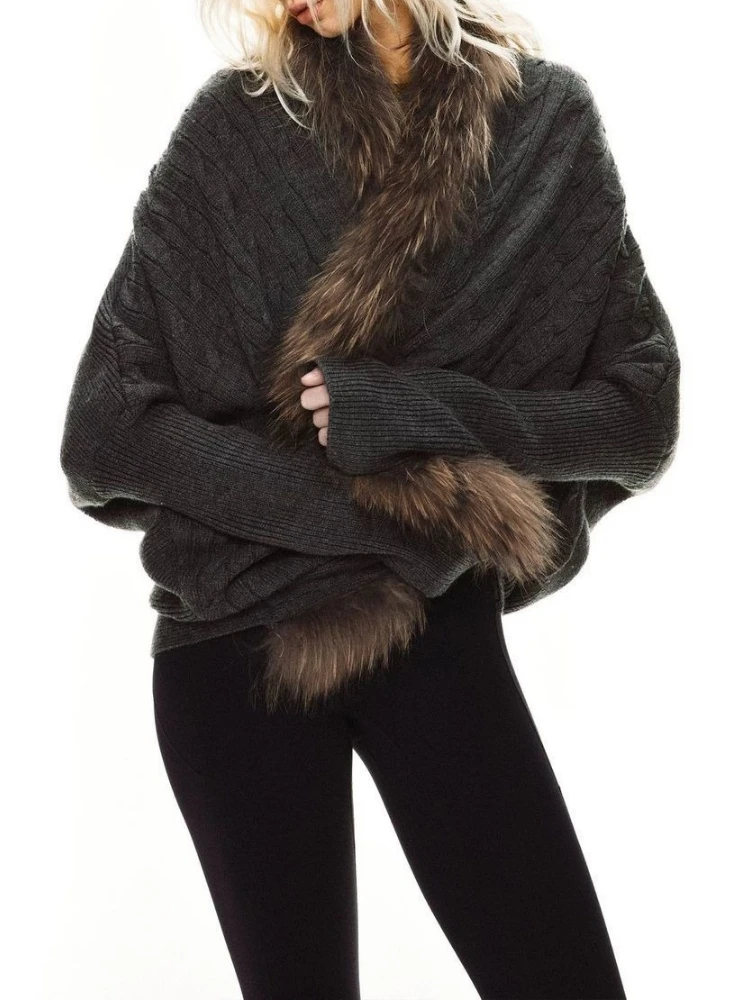 Y2k Aesthetic Gray Twist Cardigan Jackets Fur Patchwork Streetwear Vintage Grunge Tops Winter Batwing Sleev ​harajuku Sweater