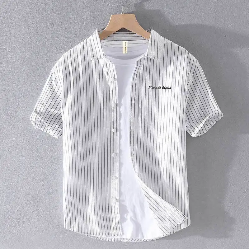 New Men's Short-sleeved Shirt Embroidery Casual Single-breasted Turn-down Collar Tops Loose Striped Thin Non-ironing Shirts
