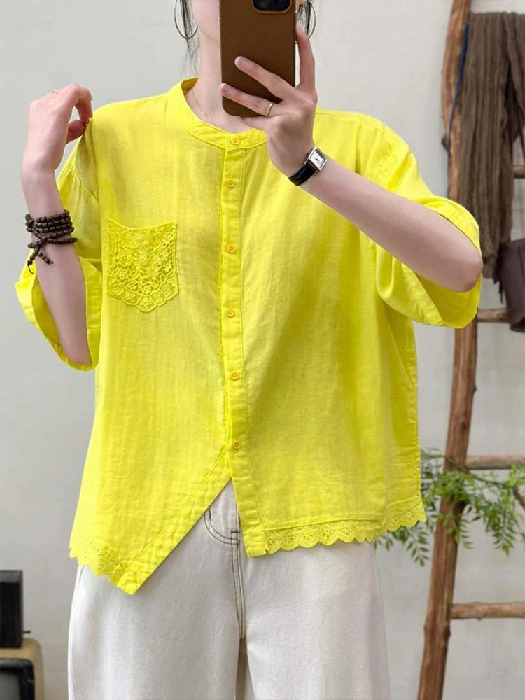 Amax LuluE 2026 Koreańska Letnia Moda Damska Luźne Koronkowe Koszule Codzienne Bawełniane Bluzki Klasyczne Eleganckie Vintage Gładkie Bluzki Damskie — zdjęcie 4