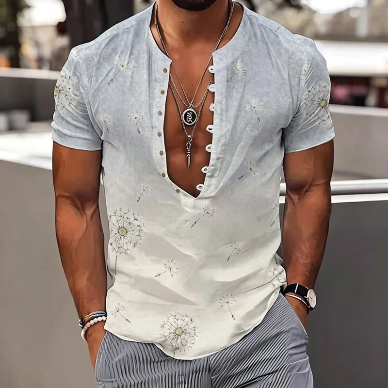 Men's shirt summer new style fresh personality print Henry collar short sleeved half open button loose casual men's top XS-6XL