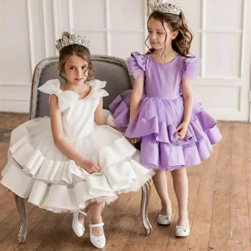 

Customized Flower Girl Wedding Dress Sleeveless Tiered Ruffles With Bow Knee Length Child Birthday Party First Communion Dress