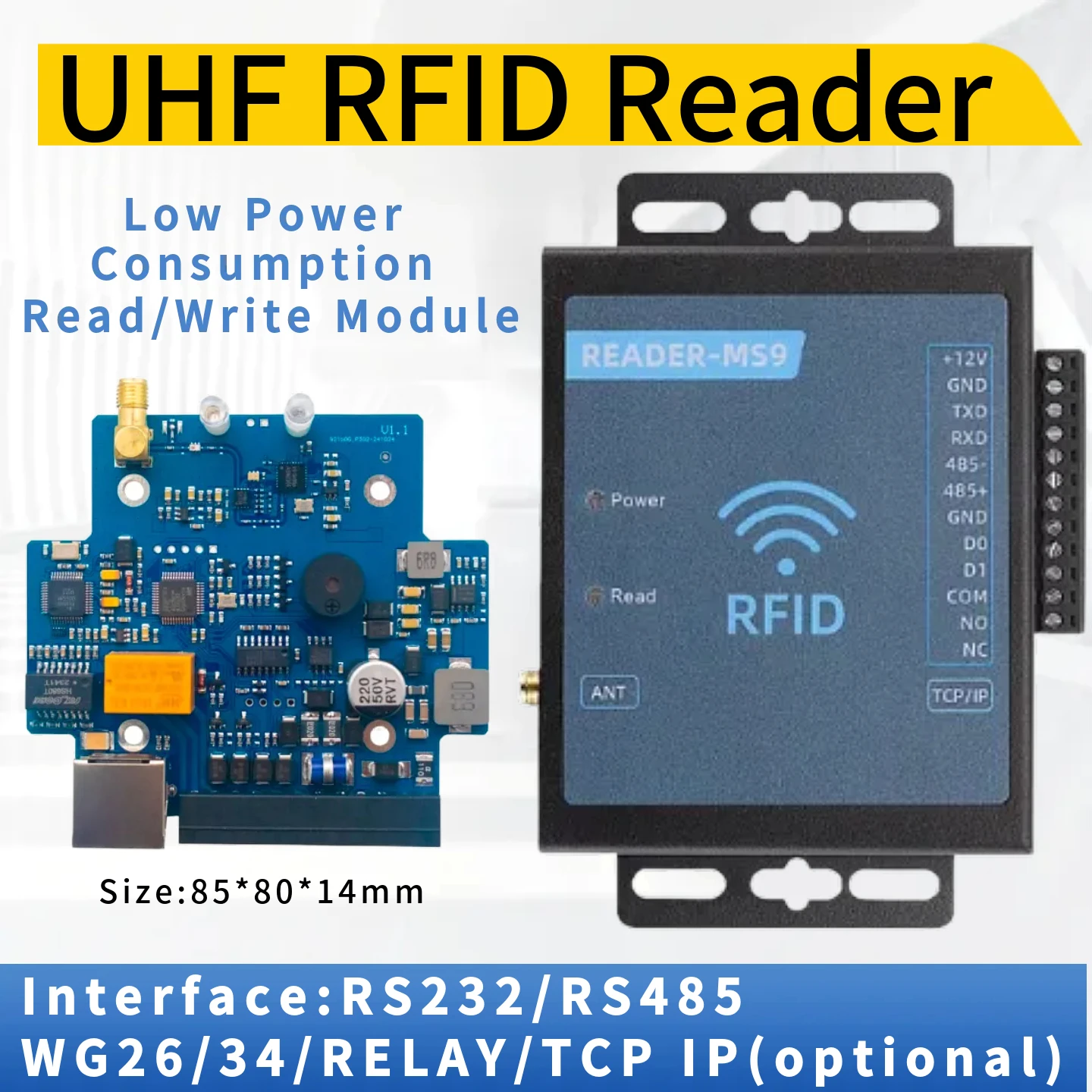 UHF RFID Reader Writer 860-960MHz ISO18000-6C 0-10m Embedded RS232/485 TCP/IP WG Relay + Development Kit for Access Control