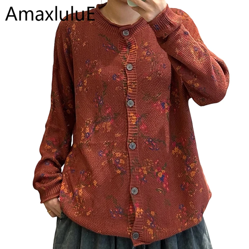 Amax LuluE Winter Vintage Printed O Neck Cardigans Chinese Womens Classic Leisure Sweaters Females Fashion Loose Floral Knitwear