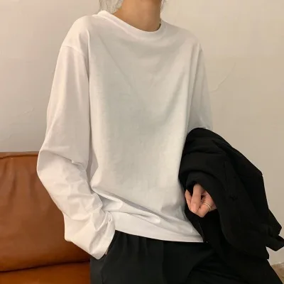 Women Solid White Black T-shirts Autumn Spring O-Neck Long Sleee Loose Tee Tops CDPF-7701