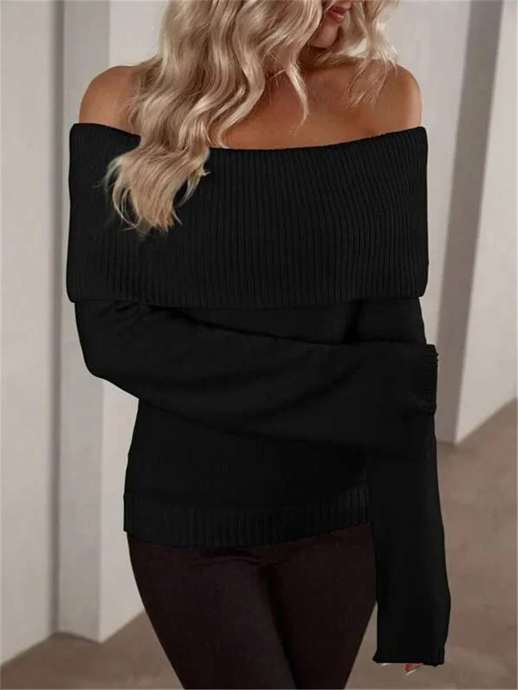 Witte Gebreide Trui Trui Vrouwelijke Off-Shoulder Slanke Mode Lange Mouw Hoge Taille Open Rug Losse Gebreide Streetwear Nieuw