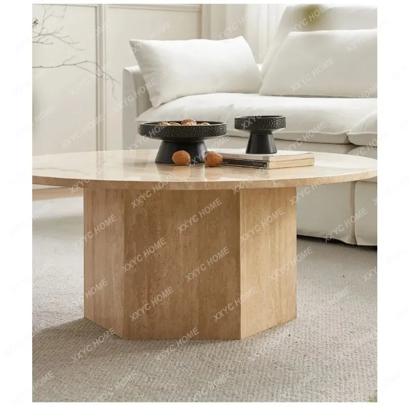 X Natural Travertine Marble Round Coffee Table Retro  Luxury Living Room Tea Table 2026 New