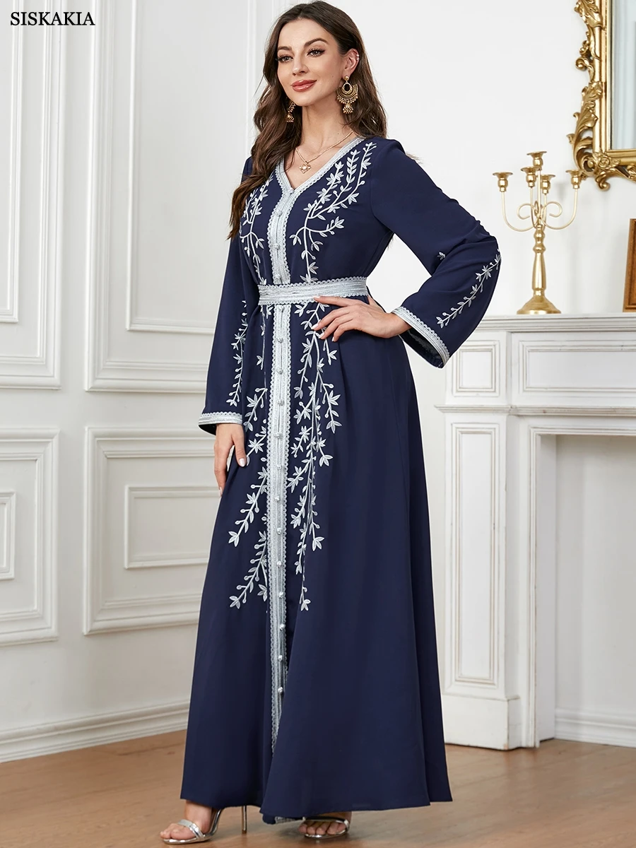 Siskakia Abaya Islamic Fashion Solid Emberoidery Maxi Dresses Long Sleeve V-Neck Belted Clothing Moroccan Kaftan For Women