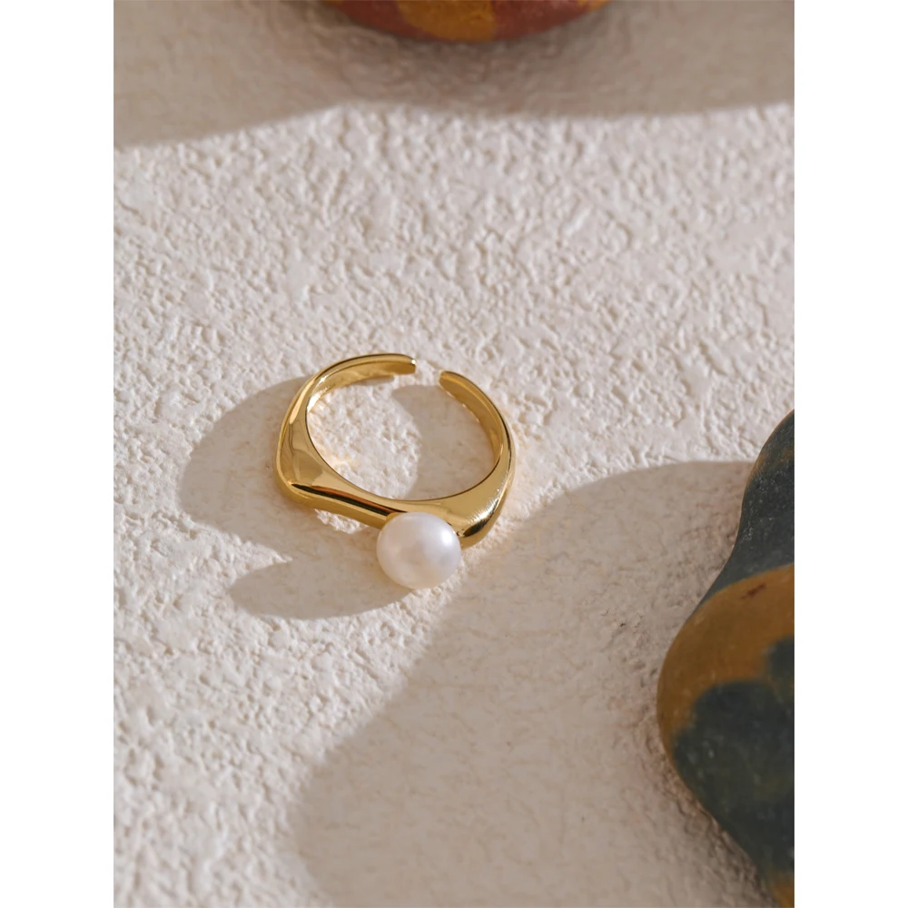 Yhpup 7# Fashion Natural Pearl Delicate Open High Quality Ring 18K Gold PVD Plated Trending Stylish Jewelry New Gift