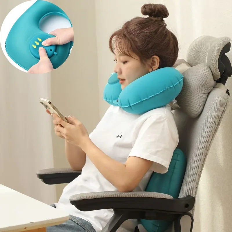 Automatic Inflatable Neck Pillow U Shape Folding Flocking Pillows Office Nap Pillow Portable Travel Sleeping Pillow For Car