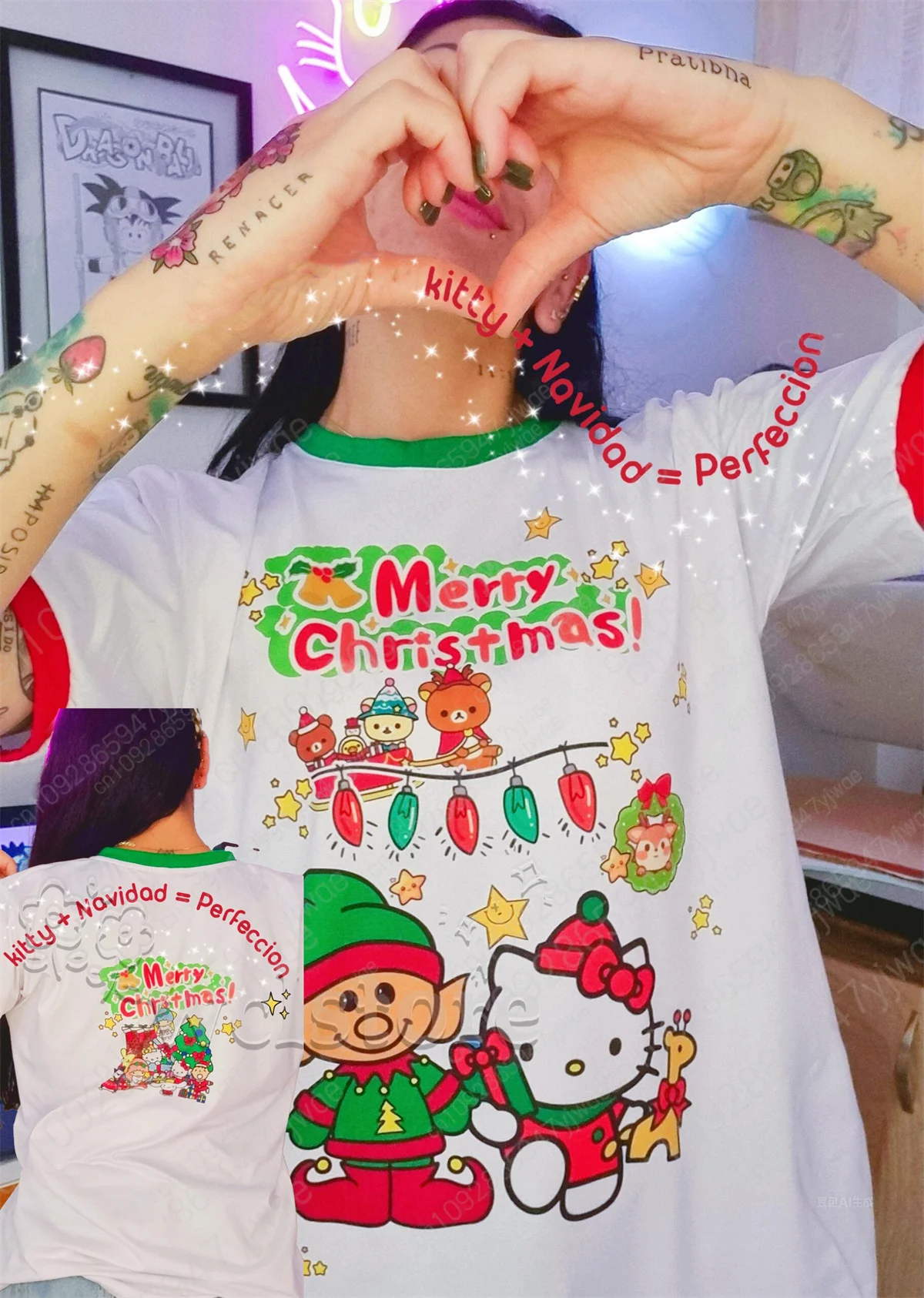 Ropa de fiesta de Navidad de HelloKitty, camiseta informal cómoda de manga corta con cuello redondo para mujer, Top Y2K 2026