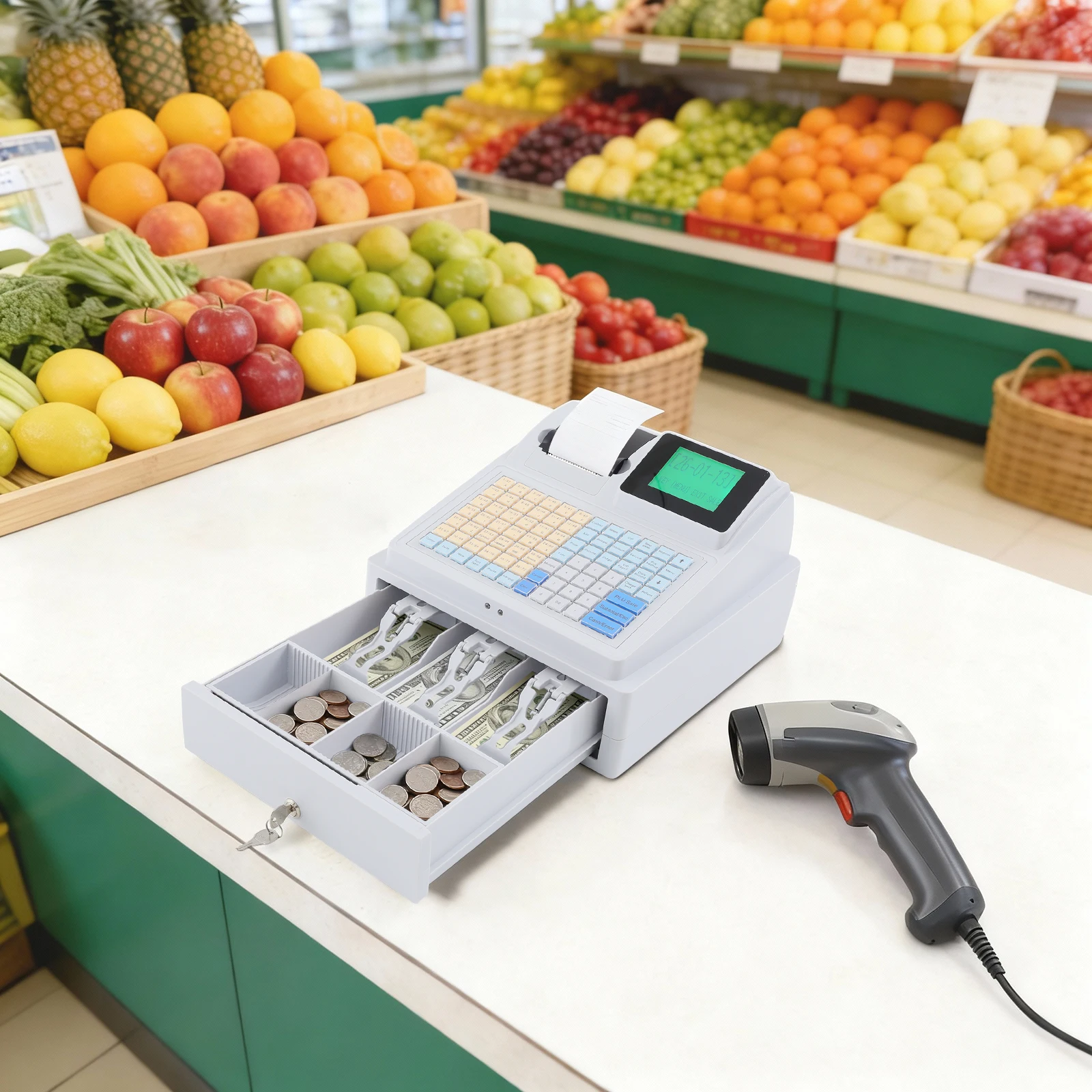 Cash Register with Cash Drawer, Dual Display POS System with Built-in Printer & Scanner Ports, for Convenience Store Cafe