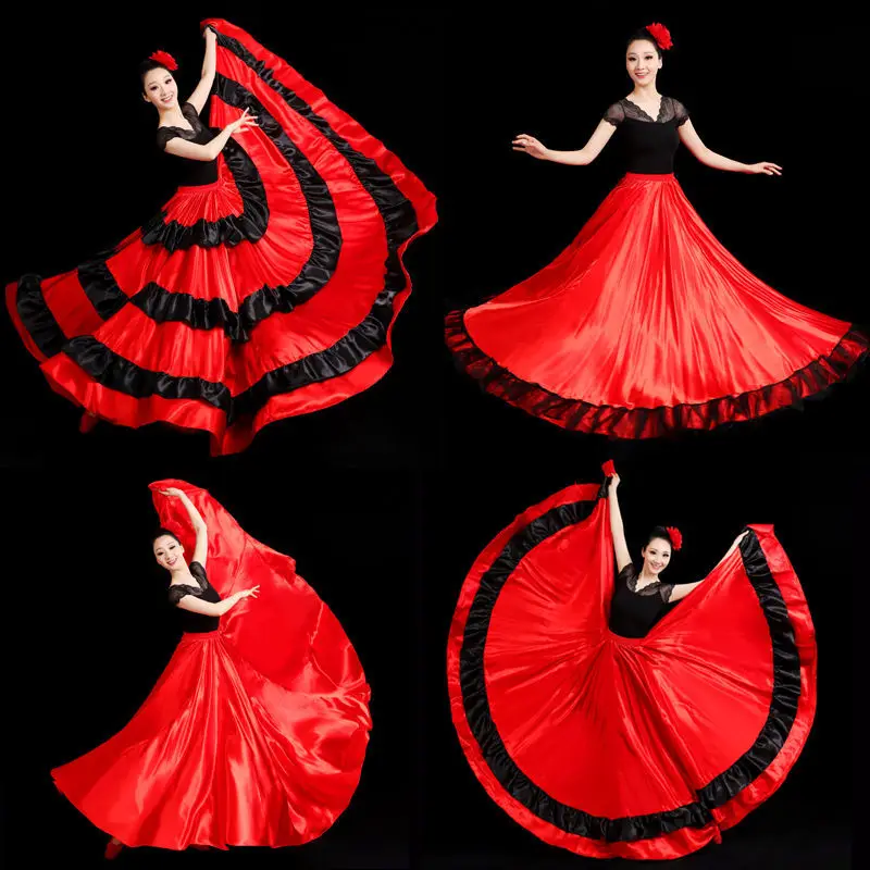 New Fashion Girl Women Spanish Flamenco Skirt Satin Silk Big Swing Belly Dancing Red Skirt Team Performance 85- 100cm extra long